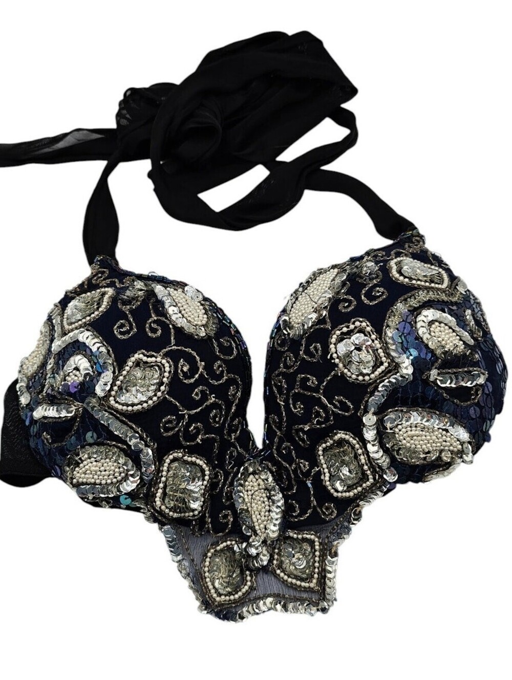 Daisy Fuentes Womens Sz M Padded Fully Beaded Halter Style Bra Black Cream